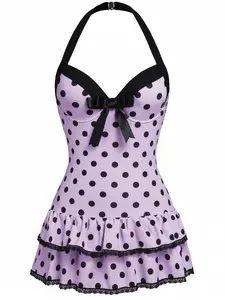 Purple 1940S HALTER POLKA DOTS BOW ONE-PIECE SWIMSUIT Vintage Charm Dainty Bow Ruffled Hem Comfortable Fit Backless Design Womenswear Comic Womenswear, One Piece Swimsuits