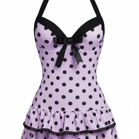 RETRO STAGE Women's Purple 1940s Halter Straps Retro Polka Dots Ruffle Bathing Suit - Bow Detail, Backless, Comfortable Fit, Easy Movement, Swimwear for Vacation Summer Swimming