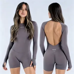 (With Logo)DFYNE Backless Long Sleve Yoga Bodysuit Stretchy Tummy Control Workout Jumpsuit, Butt Lifting Gym Onesie for Pllates & Trainingoutdoorfun