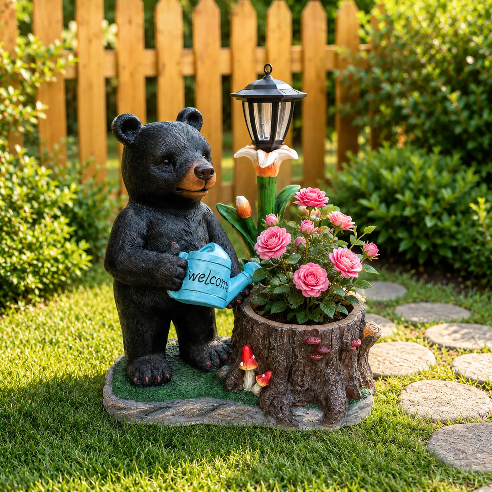 Standing Black Bear Garden Planter with Solar Lantern - Polyresin Wildlife Flower Pot for Porch Patio & Yard Decor, Black Resin, 16.54x27.17x27.56 Inches