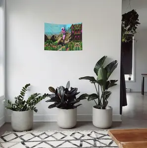 Indoor Wall Tapestry - Lightweight Retro Alien-Themed Wall Arts, Rodeo Drive Alien Cowgirl Design with Neon Desert Mansion Scene, Home Decor Print