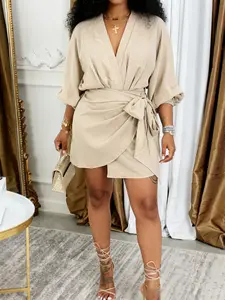 Women's Elegant Wrap Dress, Tie Front Design, Long Sleeves, Plain Pattern, Fitted Mini Skirt, All Season Wear, Comfortable & Stylish, Womenswear