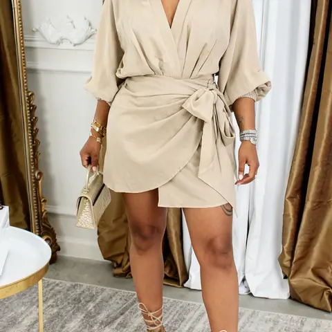 Women's Elegant Casual Wrap Dress, Tie Front Design, Long Sleeves, Plain Pattern, All Season Wear, Comfortable & Stylish