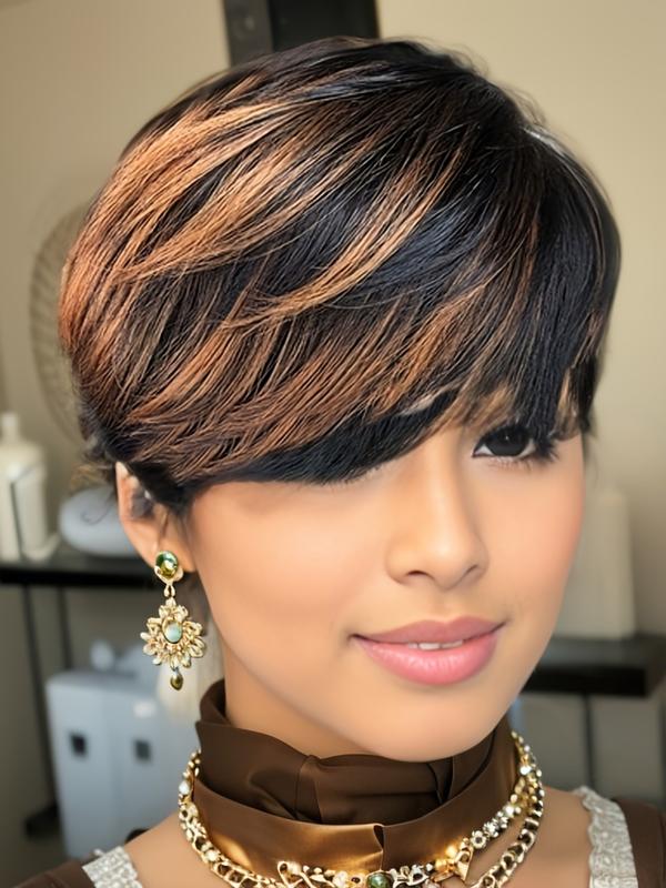 1b/27 Honey Blonde Ombre Color Short Wavy Bob Pixie Cut Wig, Full Machine-Made Human Hair, with Bangs for Women, Stylish & Versatile Design