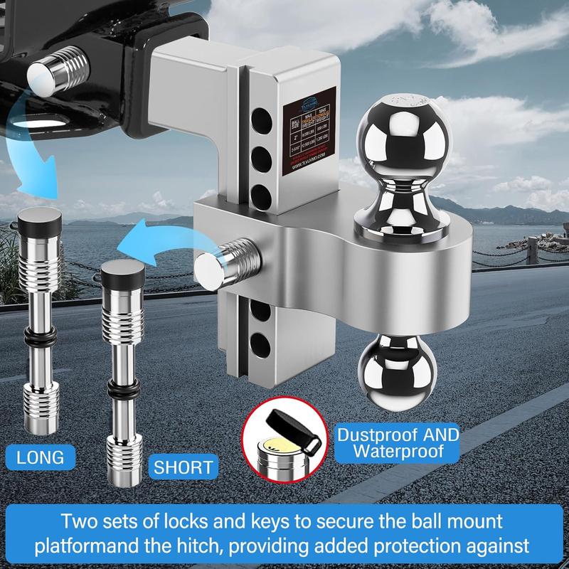 Adjustable Trailer Hitch, 6 Inch Drop Hitch Ball Mount (Fits 2-Inch Receiver), 12,500 LBS GTW, (2" & 2-5/16") Chrome Plated Steels Balls, Aluminum Tow Hitches with Two Anti-Theft Pins Locks
