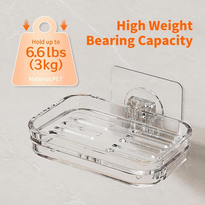 Bar Soap Dish 2 Pack,Self Draining Soap Holder for Shower,Wall Mounted Soap Saver with Strong Adhesive, No Drilling Clear Plastic Holder for Bathroom Storage & Kitchen Sink Organizer,Keeps Soap Dry
