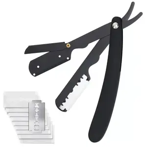 This professional men's straight razor is barber-grade, featuring a safe and reliable design with 10 blades and a black finish, perfect for precise shaving at home or in a salon.