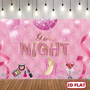 1pc 2D Flat Girls Night Backdrop for Party Decorations Lady Women Girls Rose Golden Pink High Heels Bags Glitter Backdrop Bachelorette Bridal Shower Night Background Photography Decor Banner Ornaments