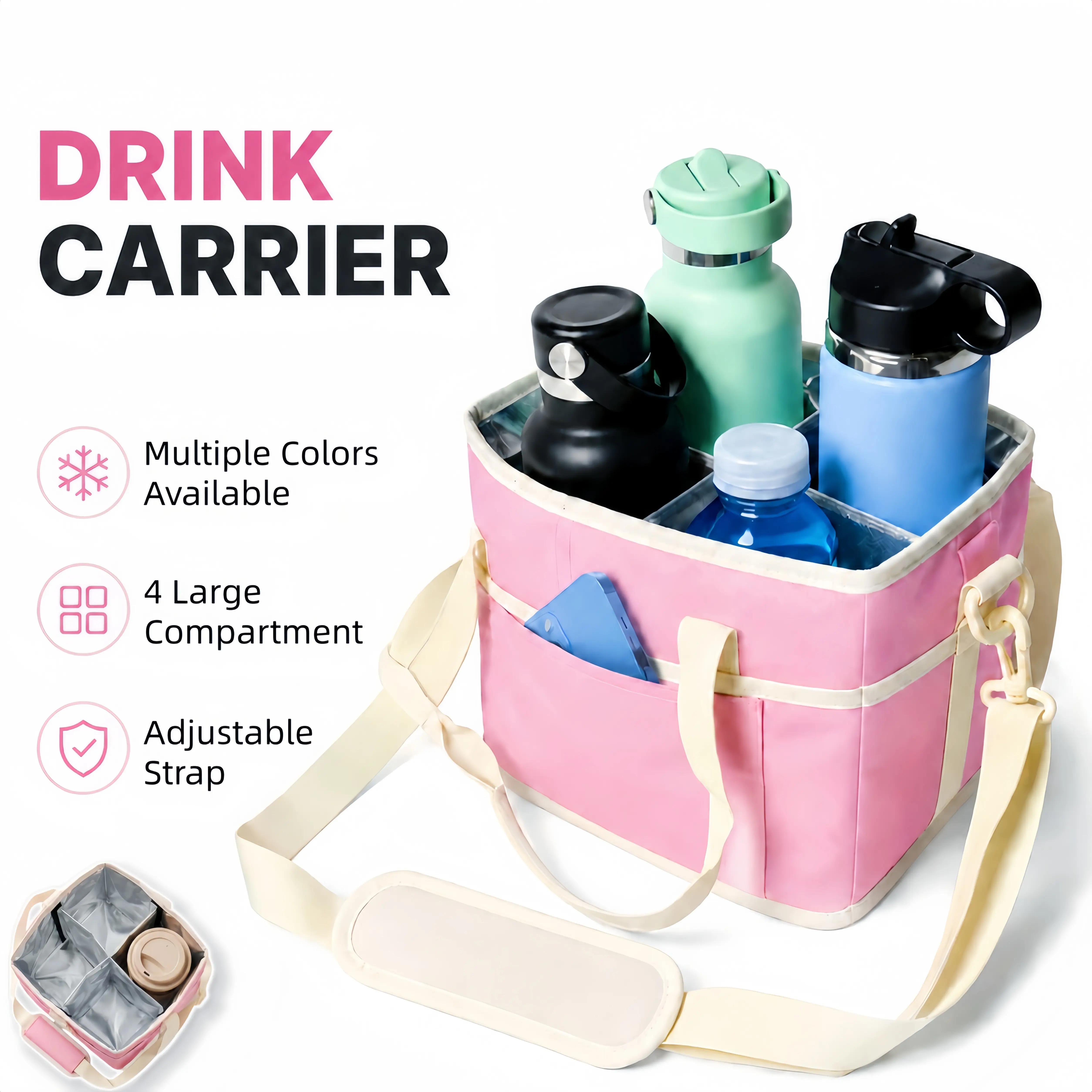 Family Size 4 Compartment Drink Carrier Bag with Adjustable Strap for Beach, Camping, Sports and Daily Use