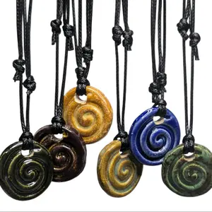 Handmade Ceramic Coin Spiral Swirl Pendant Y2K Style Boho Hippie Whimsical Choker Adjustable Black Corded Necklace Clay Charms Jewelry