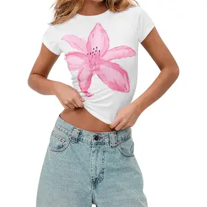 Tankaneo Womens Y2K Graphic Baby Tees Summer Flower Vintage Short Sleeve Tops Slim Fit Cropped Tshirts