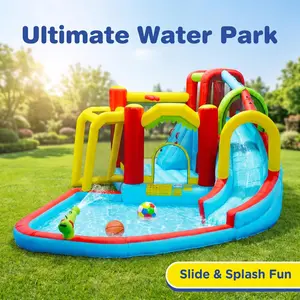 7-in-1 Giant Inflatable Backyard Swimming Pool Kit - Heavy-Duty Bouncy House with Inflatable Water Slide, Water Gun, Climbing Wall, Soccer Goal, Basketball Hoop for Kids Ages 3-10 bounce
