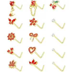 Nose Rings L Shaped for Women Nose Piercings 20G Surgical Stainless Steel  Nose Studs  Red CZ Heart Butterfly Flower Cherry Bow Moon Dangle Nose Piercing