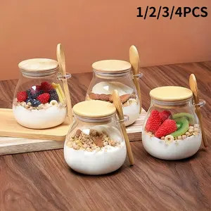 11.96 oz Glass Cups, Overnight Oatmeal Cup Set (1/2/3/4 Pieces), Mason Jar Salad Bowls for Food Preparation, Salad Bowls, Oatmeal Jars, Oatmeal Cups, Food Preparation Containers with Lids and Spoons, Glass Jars for Chia Seeds, Puddings, Yogurt