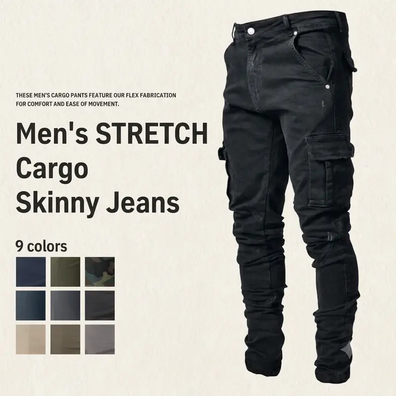 HUNGSON Men's Cotton-Spandex Skinny Jeans - Natural High-Stretch Fabric, Frayed Leg, Body-Friendly, Modded, Comfort Flex Waist, Deep Pockets, Plain Hem, All Seasons Below Ankle Trousers