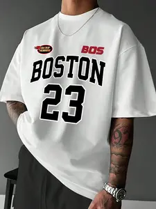 Men's Boston Sports Digital English Print Short Sleeve Round Neck T-Shirt, Letter Slogan Pattern, Summer Fitness Running Top, Activewear T Shirt