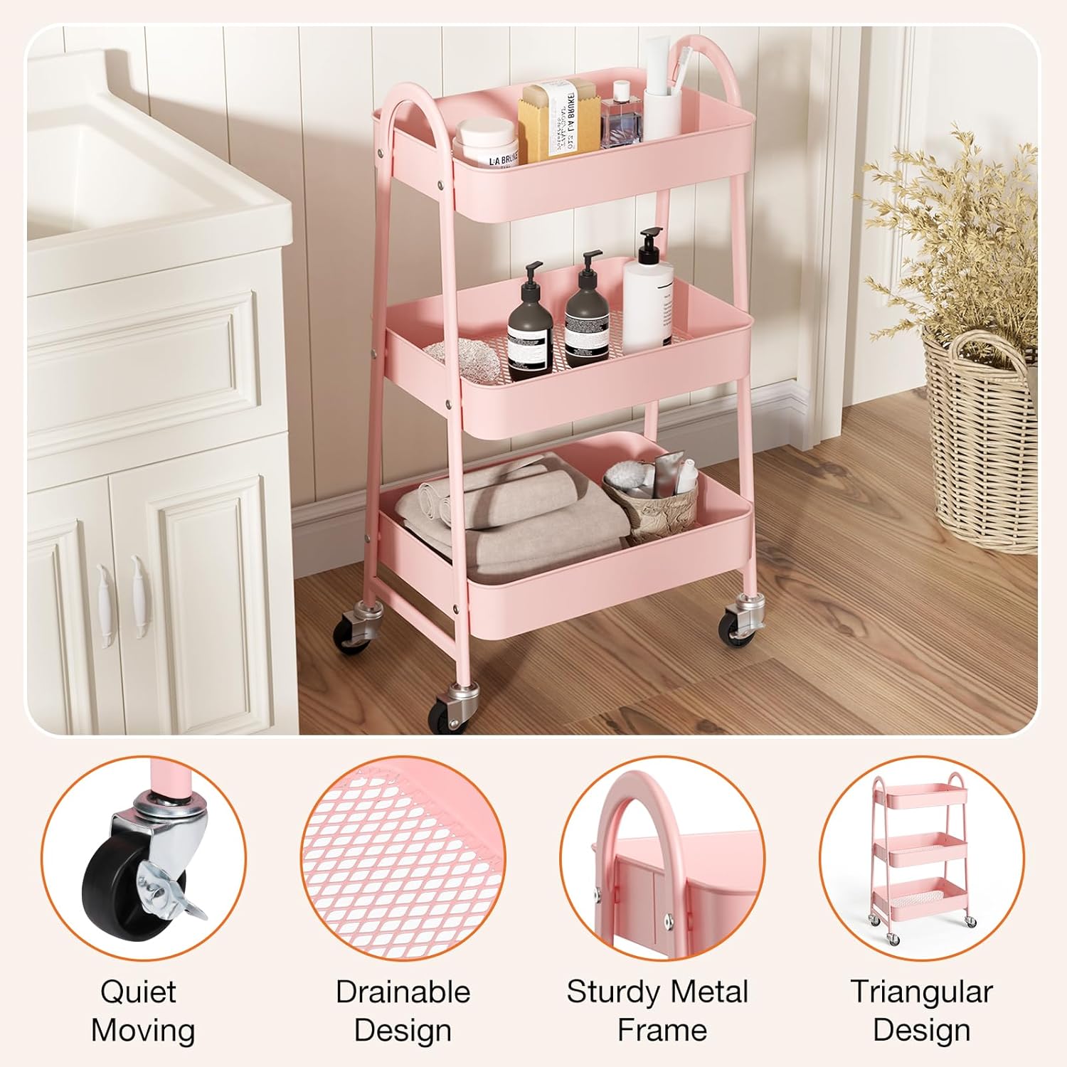 3-Tier Rolling Cart, Pink Mobile Storage Organizer with Wheels, Multi-Purpose Utility Cart for Kitchen, Bathroom, Bedroom, Office, Rolling Utility Cart for Makeup, Snacks & Art Supplies