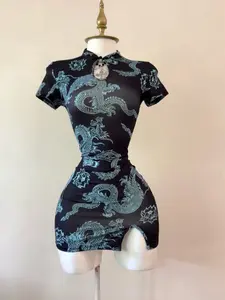 Dragon Pattern Dress, Elegant Stand Collar Hollow Out Split Slim Fit Bodycon Skirt, All Seasons Plain Design