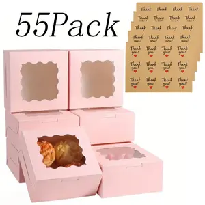 55 Pack 4x4x2.5in Pink Cookie Boxes with Window，include 5 sticker - Mini Bakery Boxes for Cakes, Desserts & Pastries, Perfect Christmas Treat Packaging for Holiday Gifting & Festive Party Favors