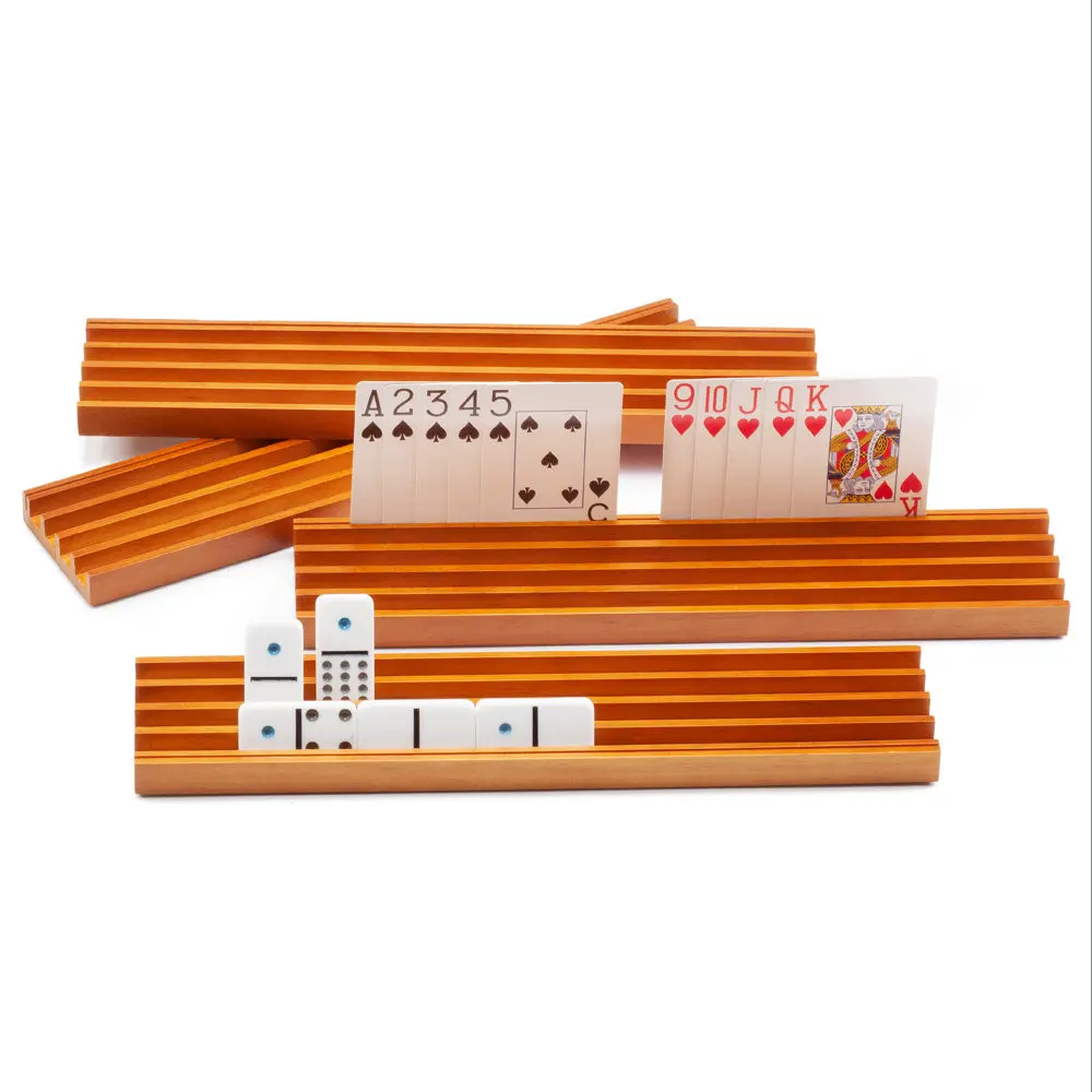 13.75" Set of 4 Domino & Playing Card Racks, Wooden Domino Trays Holders Organizer