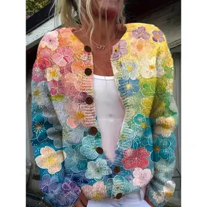 [Colorful Floral Sweater] Colorful 3D Printed Floral Cardigan Sweater in a Youthful Style