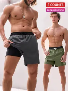 Men's Solid Color 2 in 1 Beach Shorts, Regular Fit Casual Comfy Breathable Shorts for Summer, Men's Bottoms for Beach Vacation, Swim Trunks, Swimming Shorts, Swimwear Shorts, Beach Outdoor Wear