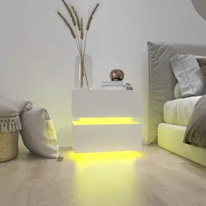 LEROY MORGAN White Color High Glossy 2 Drawers Bedside Table With RGB Led Light Nightstand With Bluetooth Control
