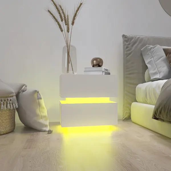 LEROY MORGAN White Color High Glossy 2 Drawers Bedside Table With RGB Led Light Nightstand With Bluetooth Control
