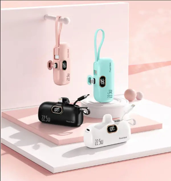 22.5W Fast Charging Capsule Pocket Power Bank, Built-in Lightning & Type-C Plug, Digital Display 5000mAh Mini Emergency Charger, Type-C & USB-A Dual Output, Portable Travel Charger for iPhone Android, Multi-color Options