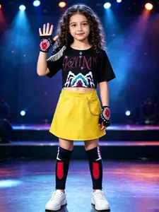 Girls' Festival Set: Dress Up Costume, Short Sleeve Sweatshirt, Short Skirt, Gloves, Knee Pads, Digital Print, Kpop Halloween, Christmas Party