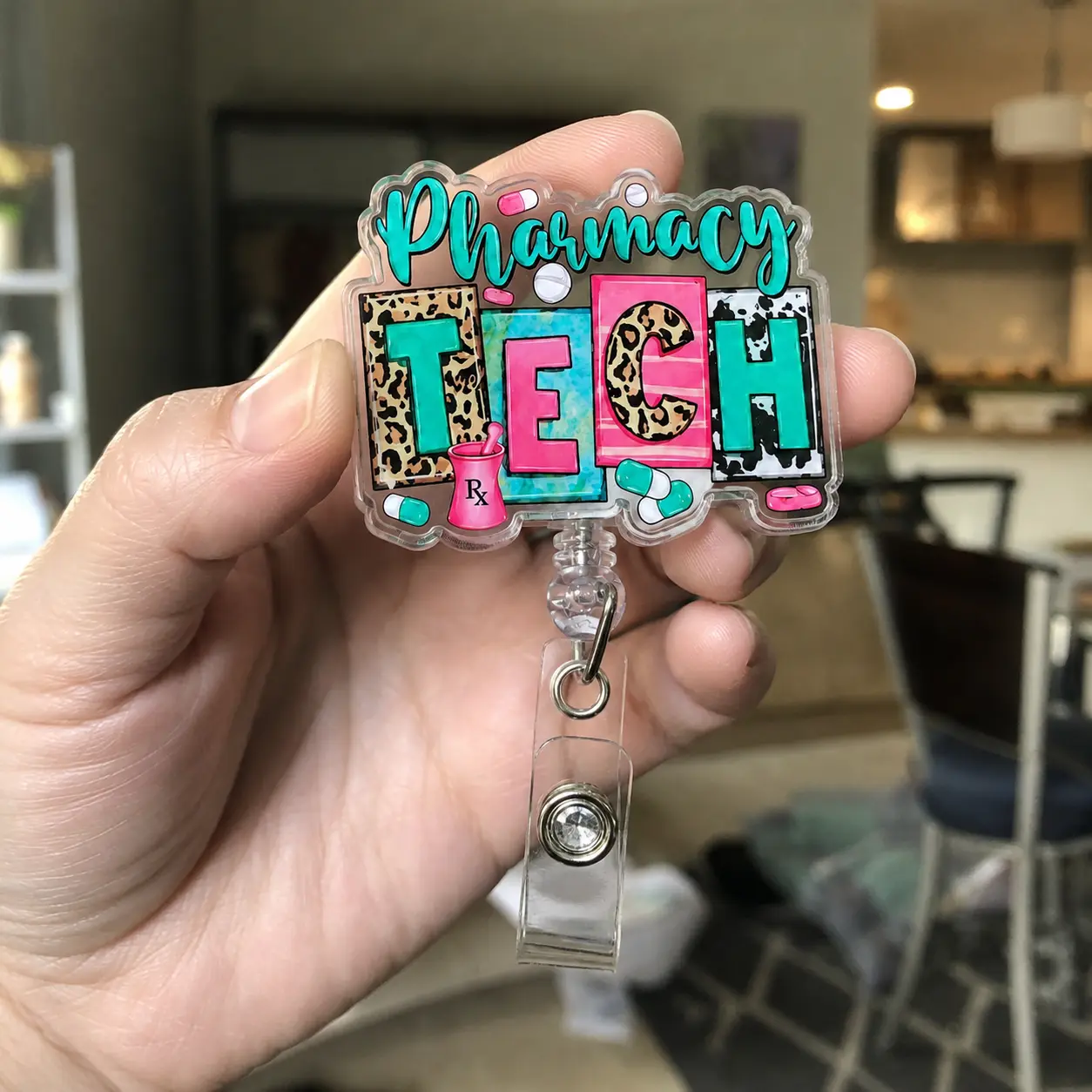 Pharmacy Tech Badge Reel | Colorful Retractable ID Badge Holder with Pills and Rx Design, Pharmacy Technician Work Accessory, 2 3 4 Inch Sizes