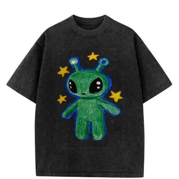 Cute Alien Graphic Vintage Washed T Shirt Unisex Streetwear Trend 2026 Cosmic Aesthetic Tee Soft Cotton Oversized Casual Festival Outfit Y2K Galaxy Space Style Trendy Graphic Tee For Men Women Daily Wear Gift
