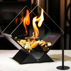 Rhombus Shaped Fire Pit, Clear Glass Fire Pit with Pebbles Decoration, Desktop Fireplace for Party, Home Decor, Garden Supplies