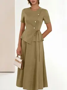 Women's Plain Solid Color Set, Round Neck Short Sleeve Ruched Blouse + A-Line Skirt, Casual Minimalist Daily Commute, All Seasons