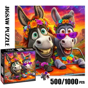 1pc 1000 piece adult puzzle 58x58cm Two Donkeys with Flower Crowns in an Orange Convertible 500 pieces of paper puzzle, suitable for adults and families, large-scale DIY puzzle interactive toy game