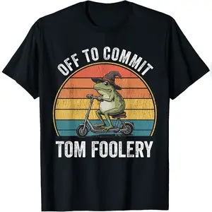 Men's Casual Short-Sleeve Graphic T-Shirt - Off To Commit Tom Foolery Funny Frog Wizard Meme Print, Essential Daily Menswear Tee