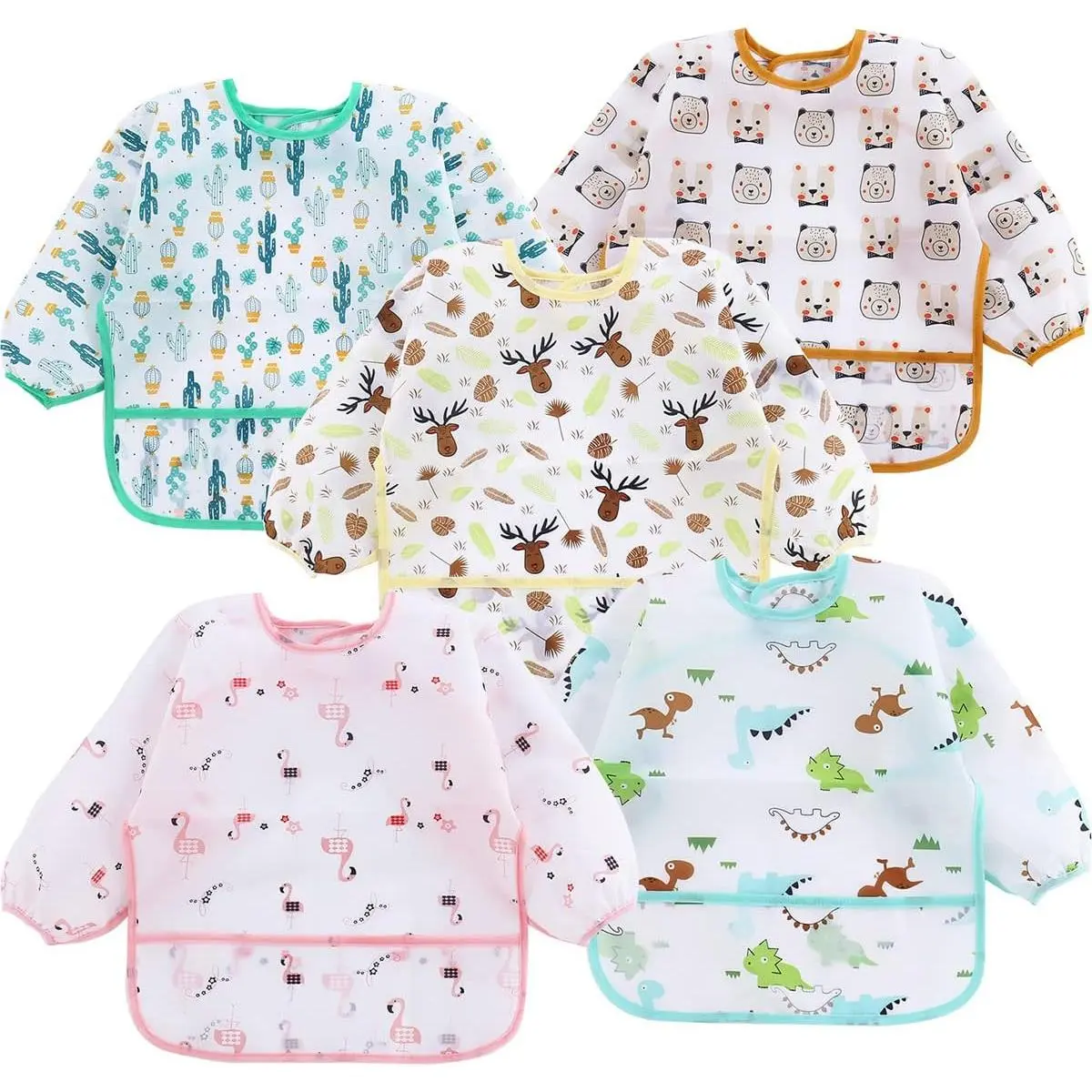 5 Pack Long Sleeve Bibs |   Waterproof Full Bib with Sleeves for Babies Infant Toddler 6-24 Months |   Mess Proof Baby Smock for Eating |   Baby Apron for Feeding
