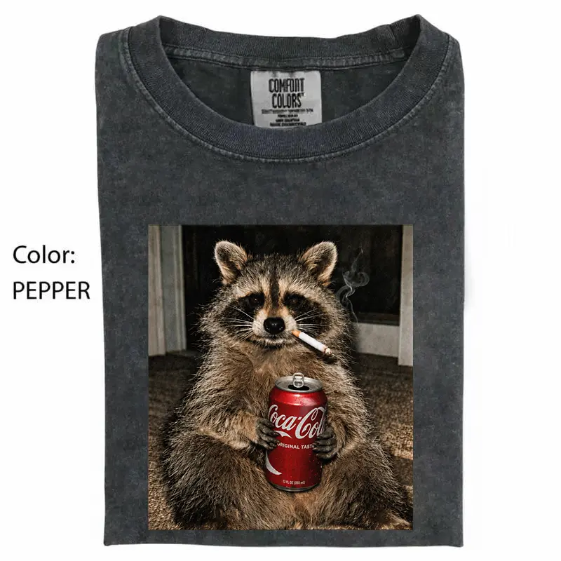 Collection Vintage Raccoons Drinking Smoking Comfort Colors T-Shirt with funny Gen Z dank meme design, trendy animal graphic tee, cotton streetwear gift for men and women alike.