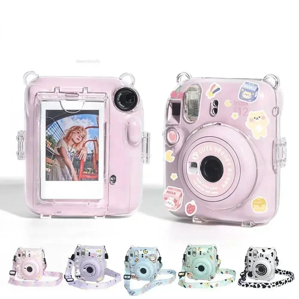 Transparent Plastic Camera Cover Pack with Wide Strap, Carry Bag & Storage Function for Fujifilm Instax Mini 12 - Non-Universal, Set 3, Camera Accessories