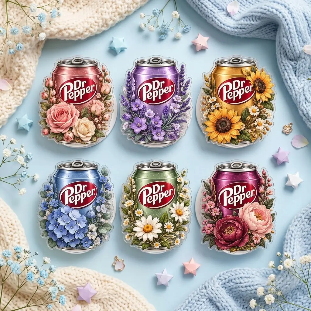 Dr Pepper Floral Acrylic Phone Grip Set, Rose Lavender Sunflower Hydrangea Daisy Peony Soda Phone Holder, Botanical Gift for Dr Pepper Lovers