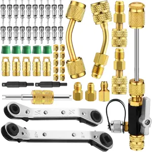 MGAVCT Mega Flow Vacuum-Rated Valve Core Remover Installer Tool with Refrigeration Repair Wrench Dual Size3/8"1/4" 5/16''3/16''Port Service Ratchet Wrench with Hex Bit Adapter and Valve Core
