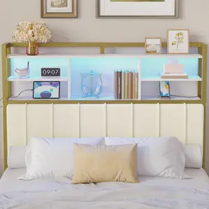 Headboard with 3-Tier Storage Shelves, Velvet Upholstered Head Board with 2 Outlets, USB Ports & LED Light, Soft Backrest for Full Size Bed