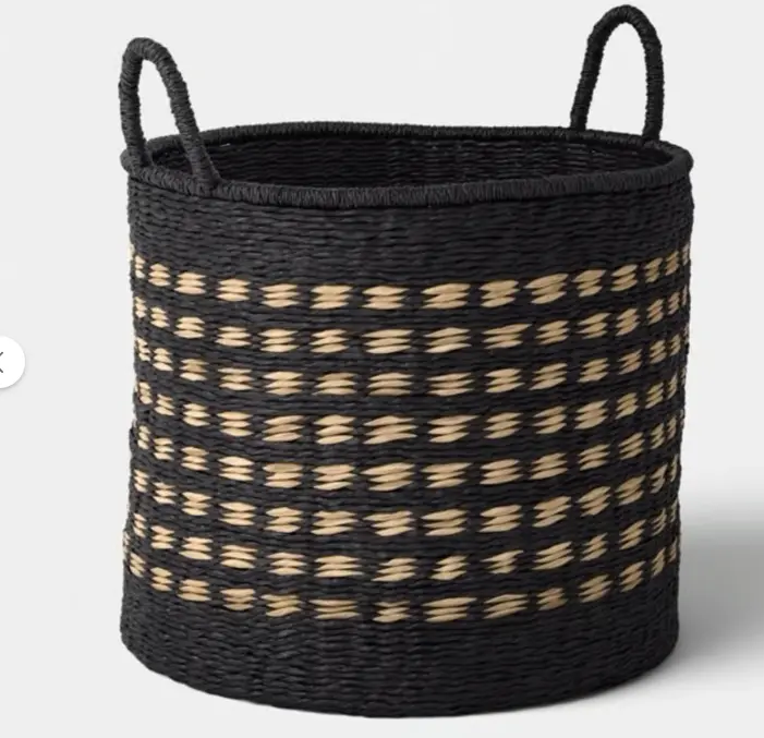 16" Pattern Woven Decorative Basket with Curved Handle Black/Natural - Threshold SHOWROOM ITEM