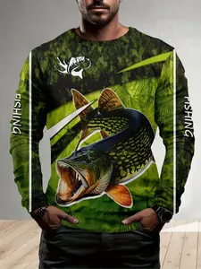 Men's Fishing Long Sleeve Shirt, with Large Pike Fish Design, Camo-Inspired Print, Fishing Lettering, Crew Neck, Ideal for Outdoors, Fishing Clothes, Fishing Apparel