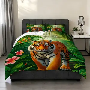 2/3Pcs Tiger Forest Vitality Pattern Duvet Cover Set(1*Duvet Cover+1/2* Pillowcase,No Filling), High-Definition Digital Printing,100% Polyester Fiber,Perfect Gift For Family And Friends During Festivals,Suitable For All Year Round!