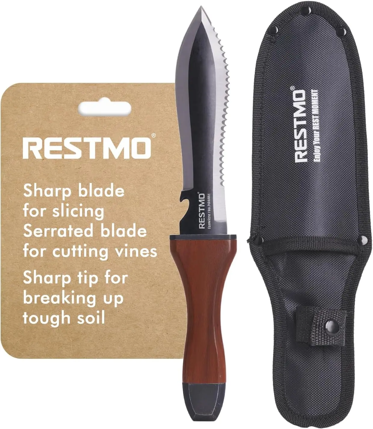 Restmo Hori Hori Garden Knife with Sheath, Durable Weeding and Planting Tools, High-Strength Stainless Steel Dual-Edge Blade, Ergonomic Walnut Handle for Gardening and Outdoor Use, Convenient Belt Sheath, Lightweight & Versatile Design, Versatile Design