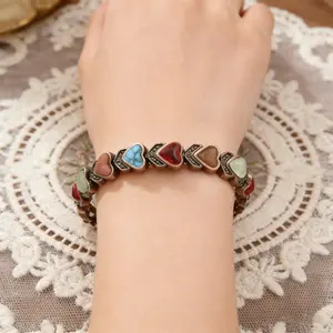 KC Pure Copper Magnetic Bracelet for Women, Vintage Heart-Shaped Multi-Gemstone Link Bracelet, Boho Retro Healing Crystal Jewelry, Adjustable Trendy Stackable Bangle, Perfect Daily Wear & Gift for Her