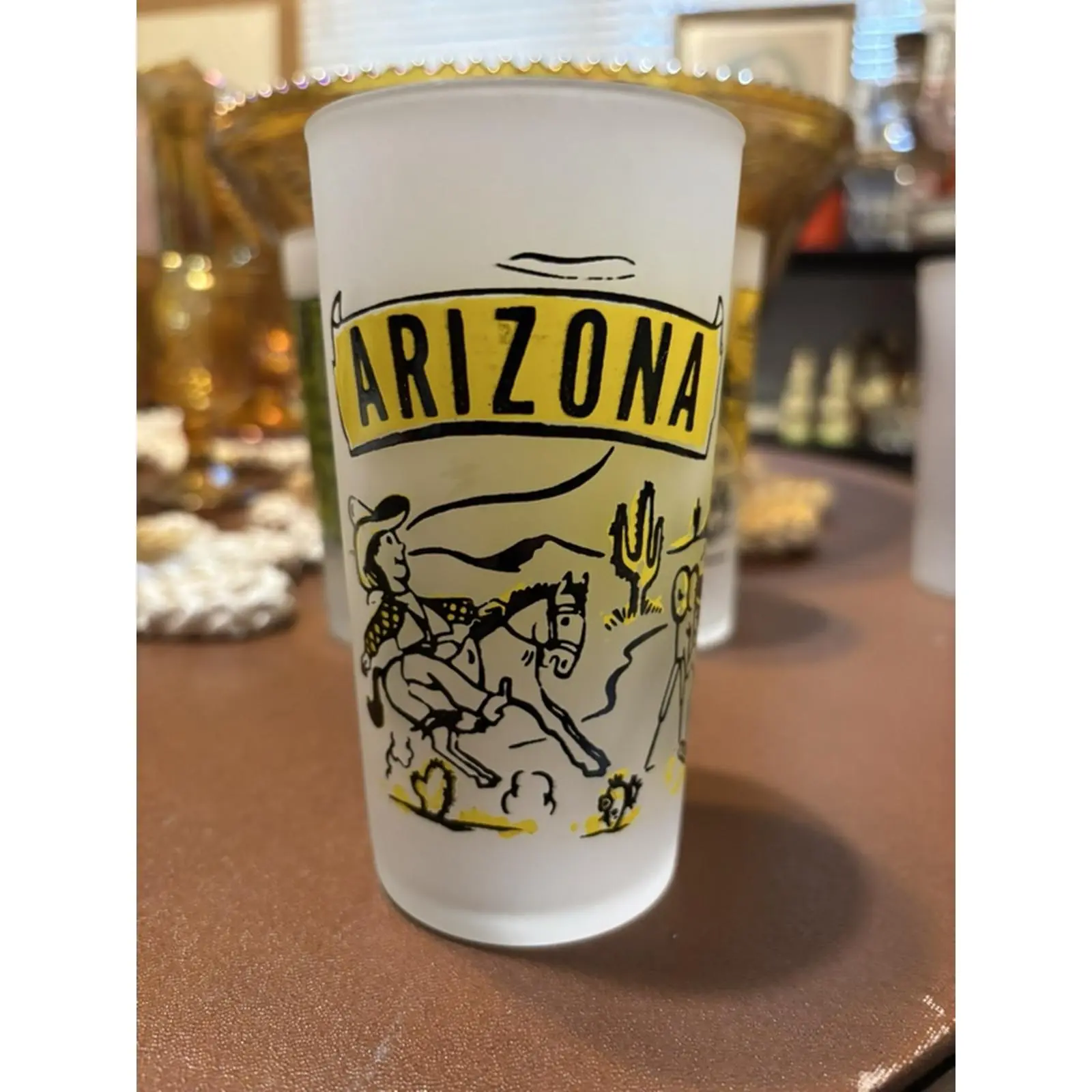 Hazel Atlas Vintage Frosted Glass Souvenir Tumbler Arizona Cowboy & Cactus Design Mid Century Barware