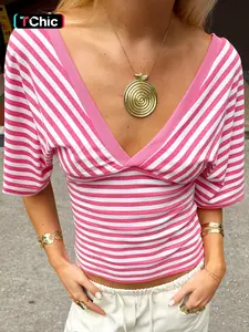 Women's V-Neck Striped Colorblock Mid-Sleeve Backless Slim Fit Summer T-Shirt, Casual Daily Wear, Perfect for Commuting and Outing