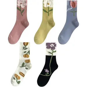 5Pairs Women's Socks Cartoon Flower Print Candy Color Mid Length Socks Breathable Casual Short Socks Durable Sock Material, Anime Fans